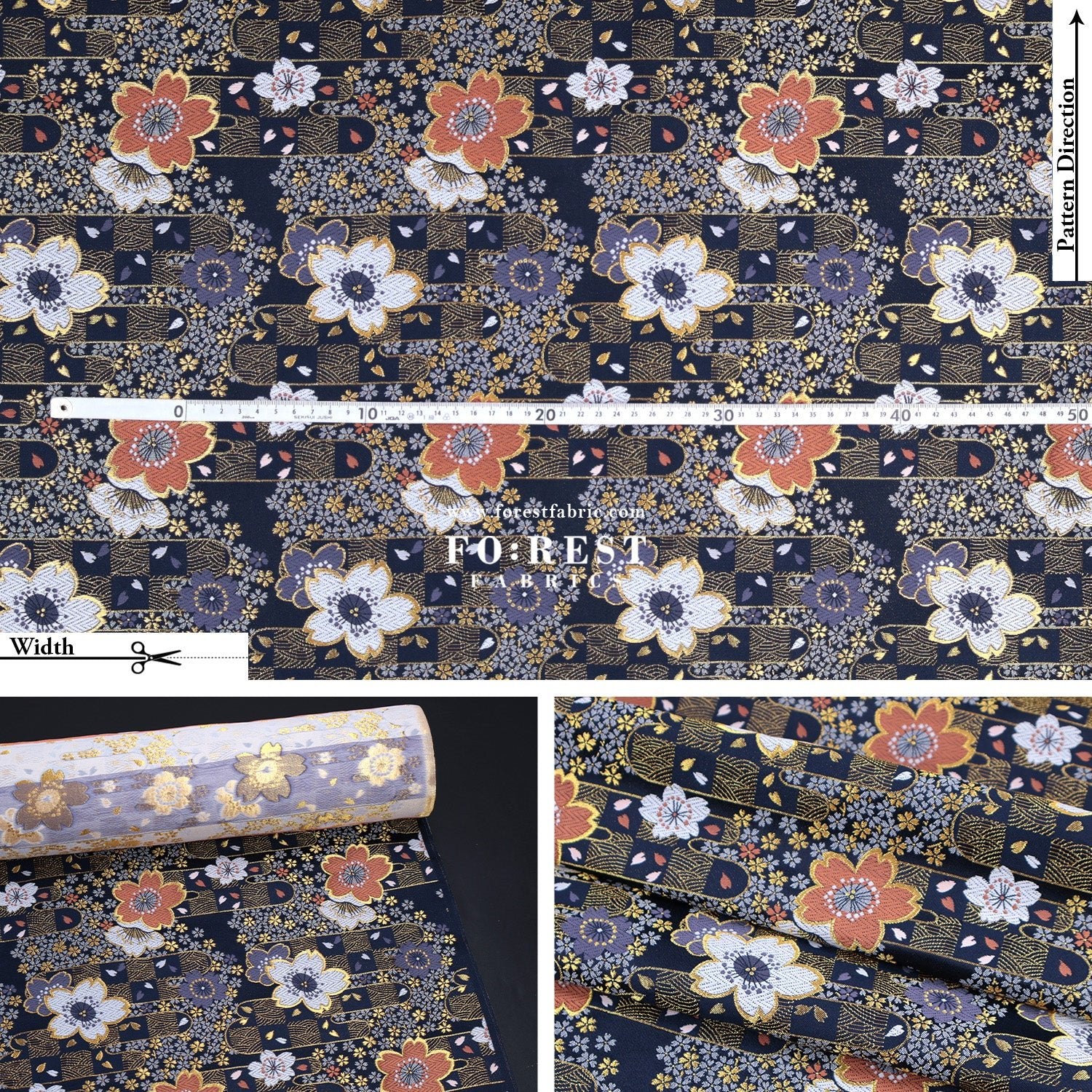 Gold Brocade - Sakura Flower fabric Navy - FO:REST Fabric 布恩堂Liberty fabrictana lawnjapanese fabricykk zipper