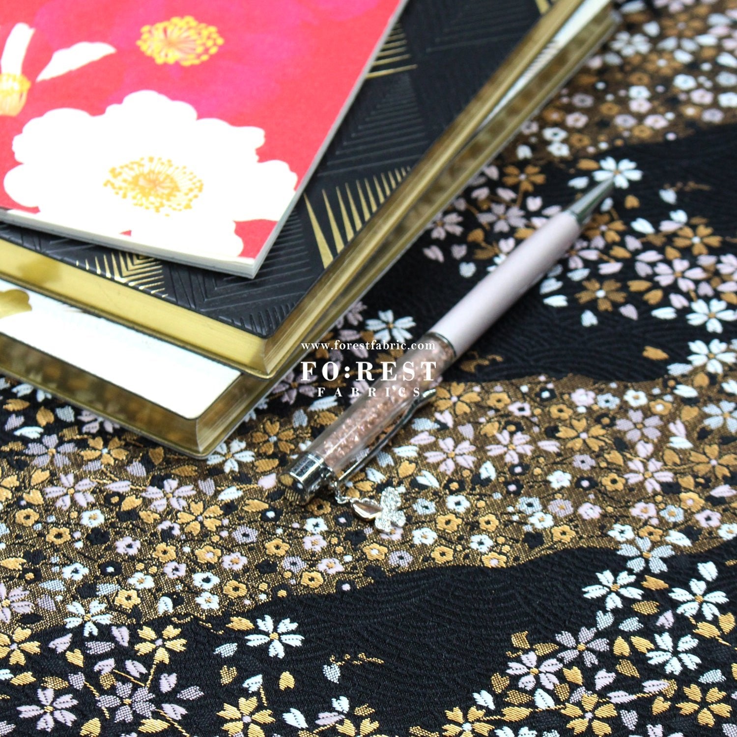 Gold Brocade - Sakura River 水波櫻 fabric Black - FO:REST Fabric 布恩堂Liberty fabrictana lawnjapanese fabricykk zipper