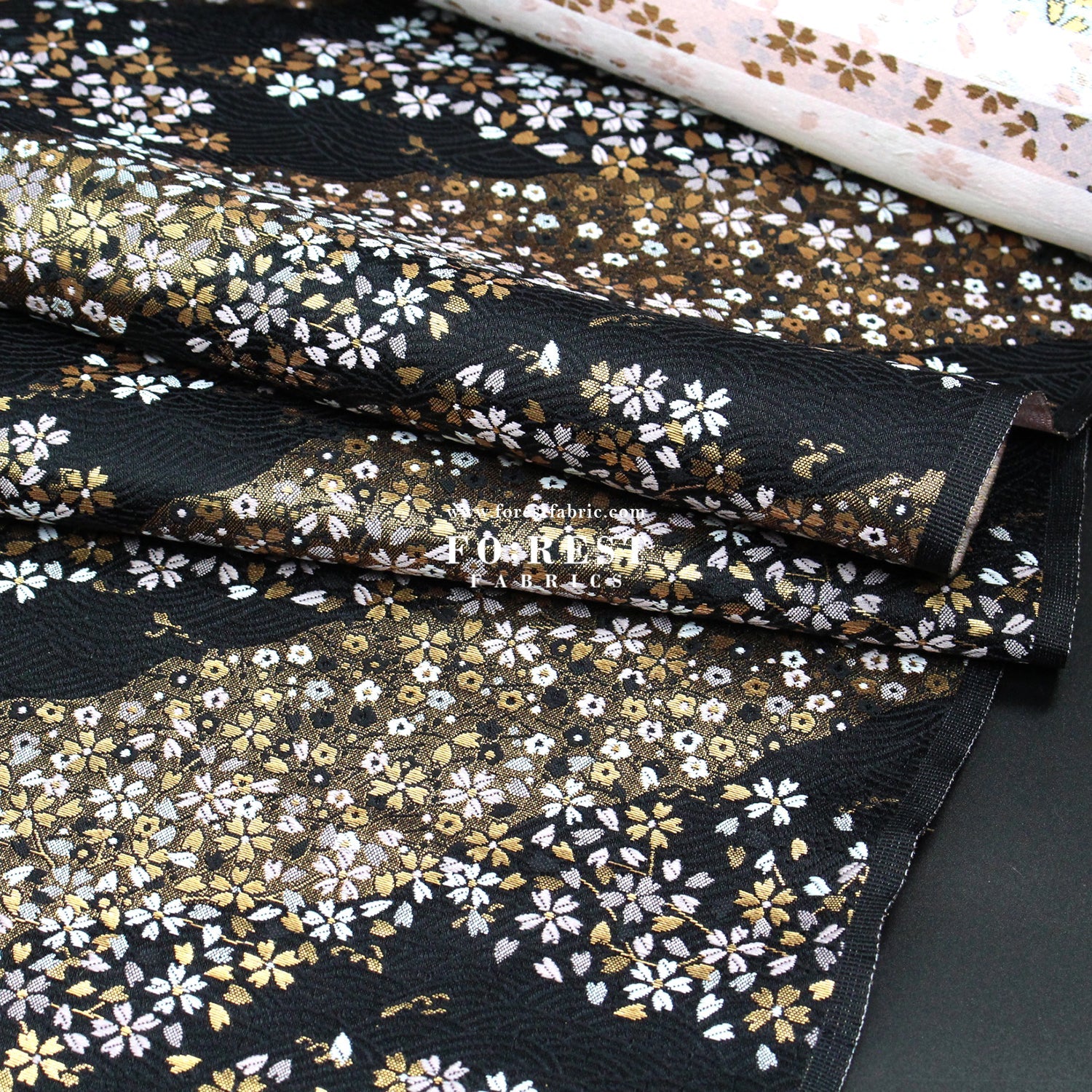 Gold Brocade - Sakura River 水波櫻 fabric Black - FO:REST Fabric 布恩堂Liberty fabrictana lawnjapanese fabricykk zipper