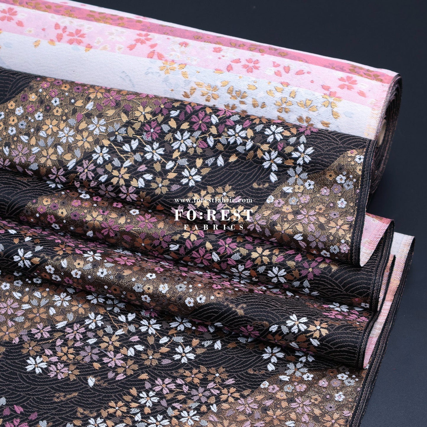 Gold Brocade - Sakura River 水波櫻 fabric Black - FO:REST Fabric 布恩堂Liberty fabrictana lawnjapanese fabricykk zipper