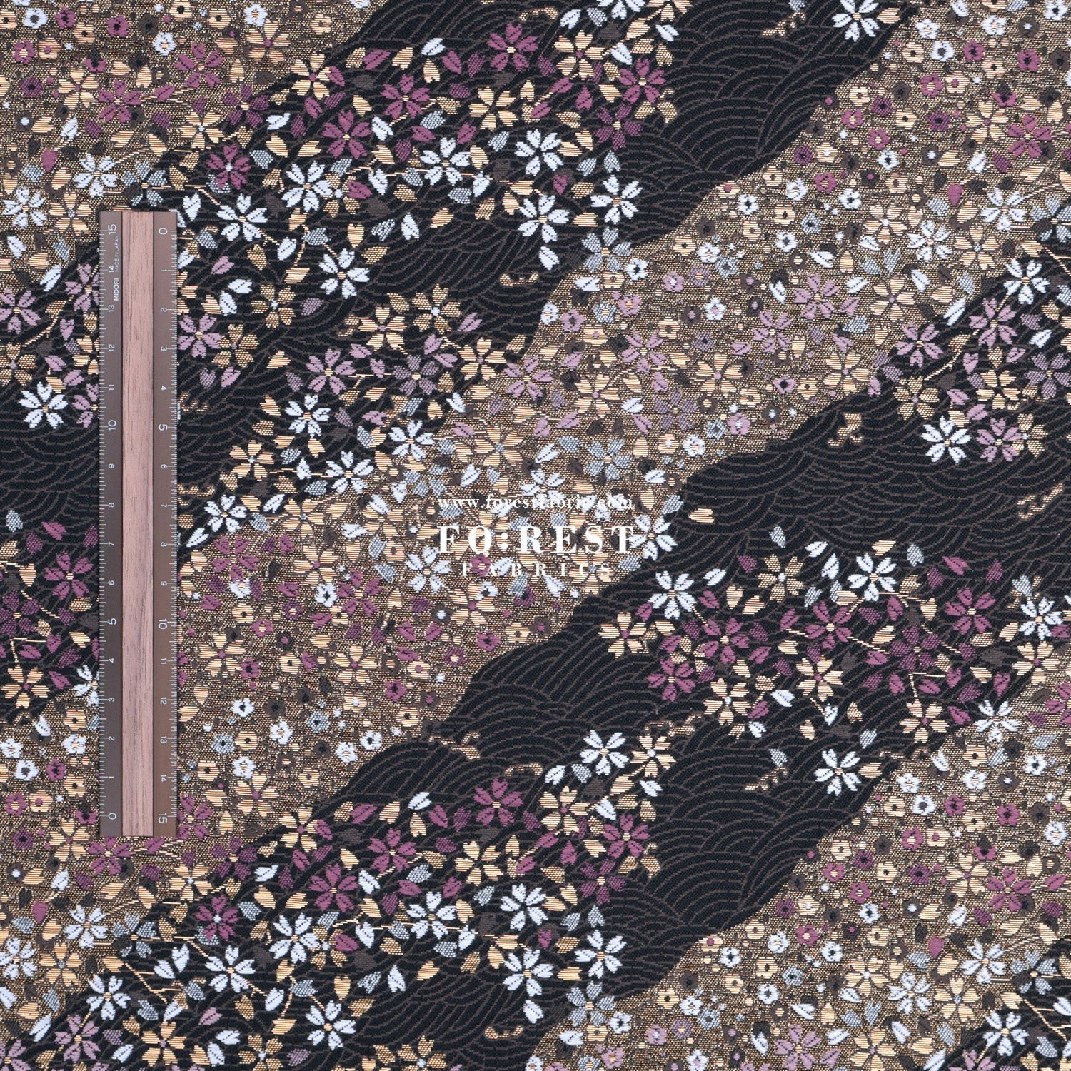 Gold Brocade - Sakura River 水波櫻 fabric Black - FO:REST Fabric 布恩堂Liberty fabrictana lawnjapanese fabricykk zipper