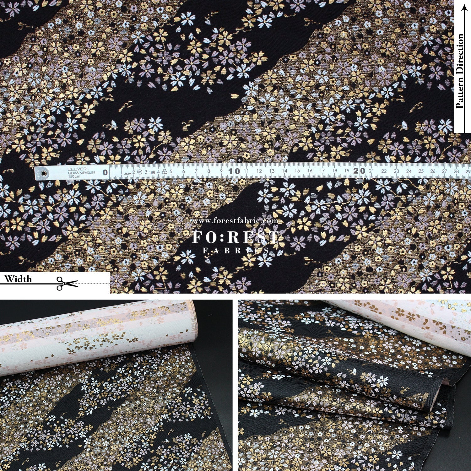 Gold Brocade - Sakura River 水波櫻 fabric Black - FO:REST Fabric 布恩堂Liberty fabrictana lawnjapanese fabricykk zipper