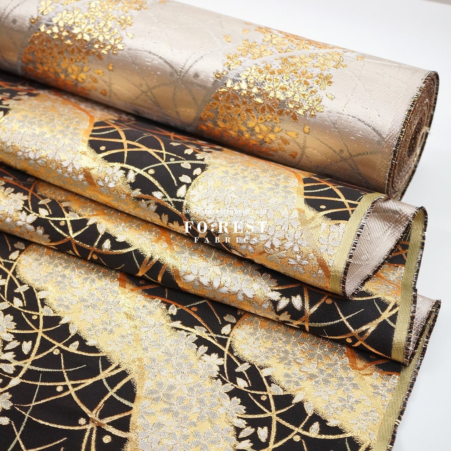 Gold Brocade - Sakura River Flower fabric Black - FO:REST Fabric 布恩堂Liberty fabrictana lawnjapanese fabricykk zipper