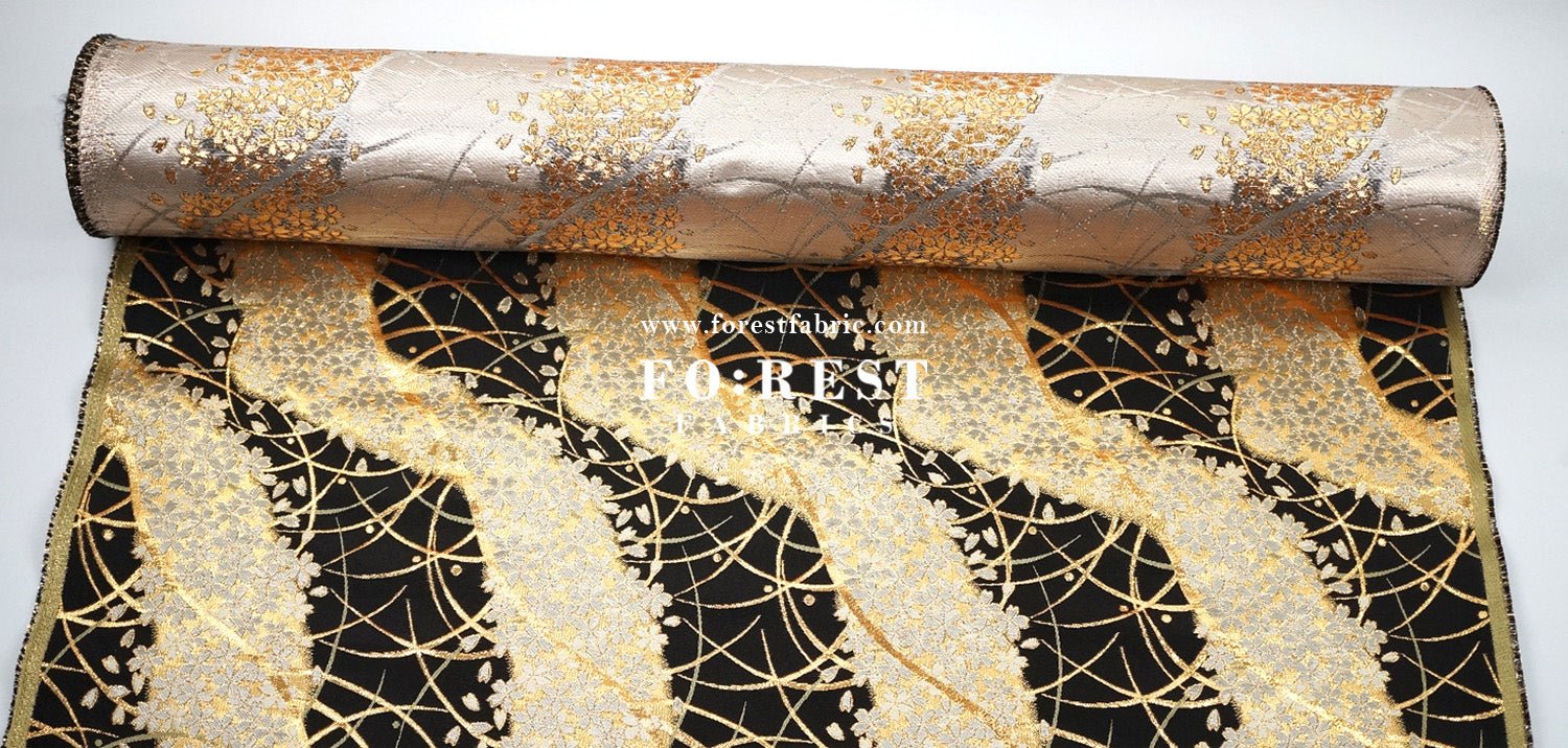 Gold Brocade - Sakura River Flower fabric Black - FO:REST Fabric 布恩堂Liberty fabrictana lawnjapanese fabricykk zipper