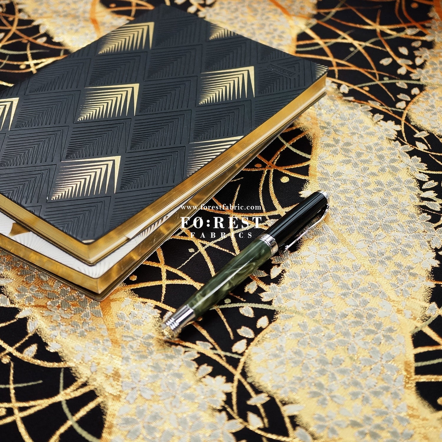 Gold Brocade - Sakura River Flower fabric Black - FO:REST Fabric 布恩堂Liberty fabrictana lawnjapanese fabricykk zipper