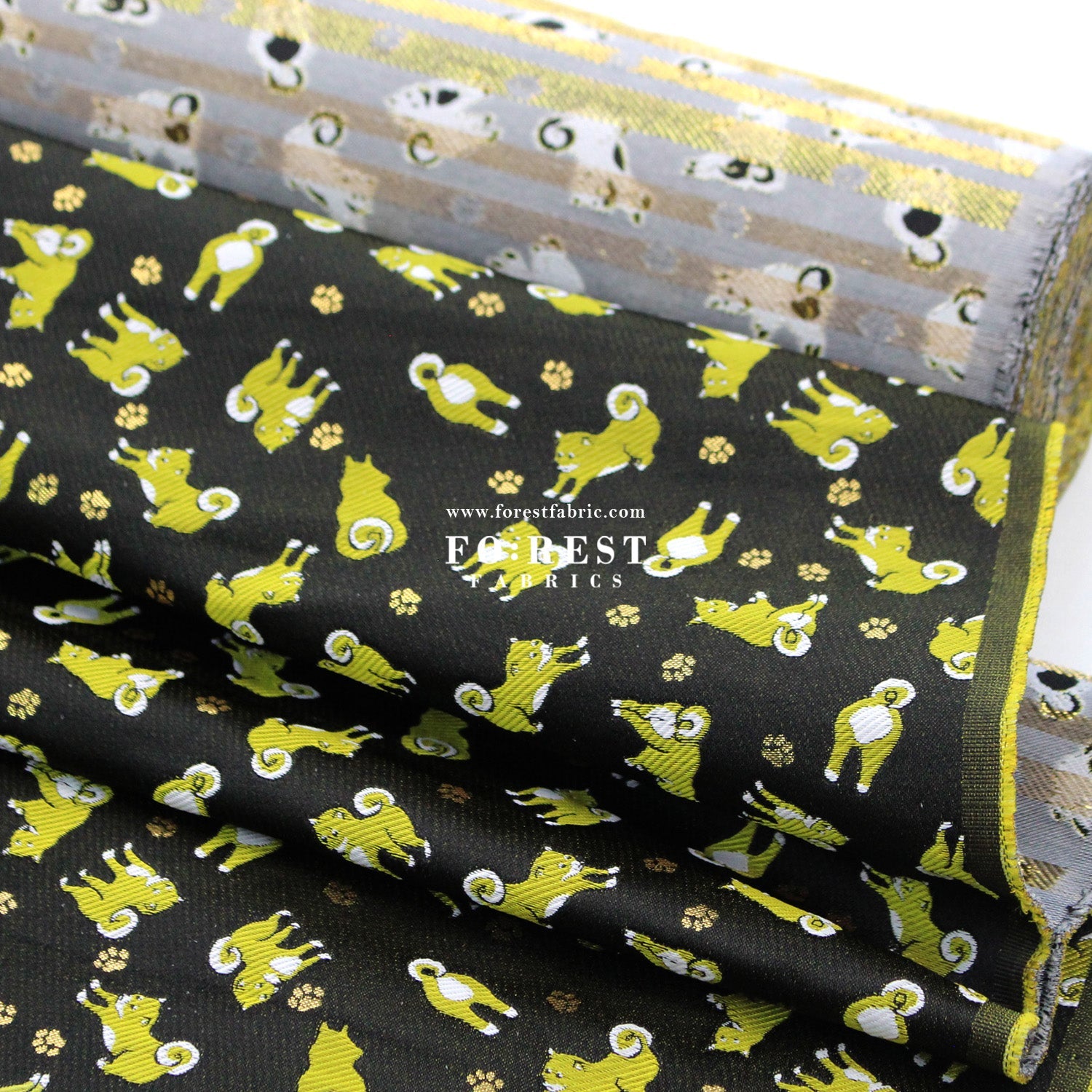 Gold Brocade - Shiba inu Dogs fabric Blacklime - FO:REST Fabric 布恩堂Liberty fabrictana lawnjapanese fabricykk zipper