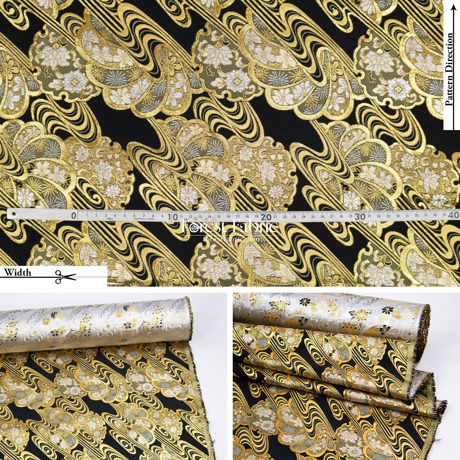 Gold Brocade - Shimmering Currents Floral fabric Black - FO:REST Fabric 布恩堂Liberty fabrictana lawnjapanese fabricykk zipper