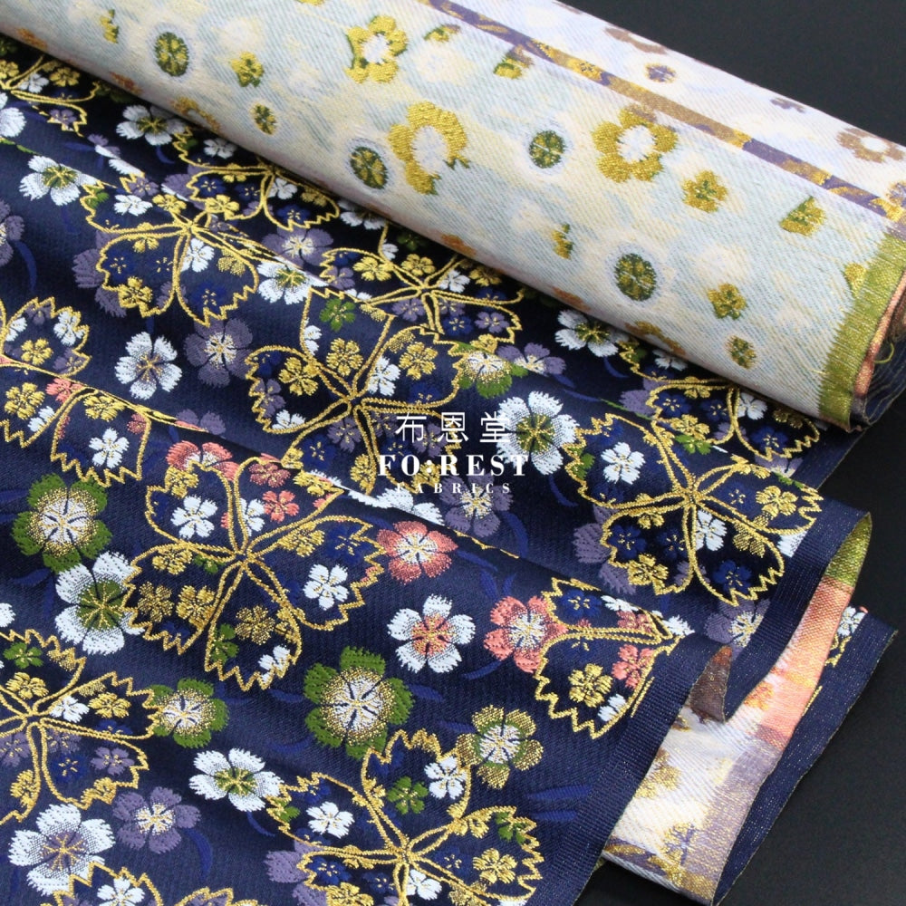 Gold Brocade - Shiny Sakura Fabric Navy Polyester