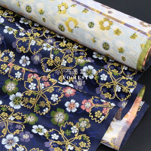 Gold Brocade - Shiny Sakura Fabric Navy Polyester