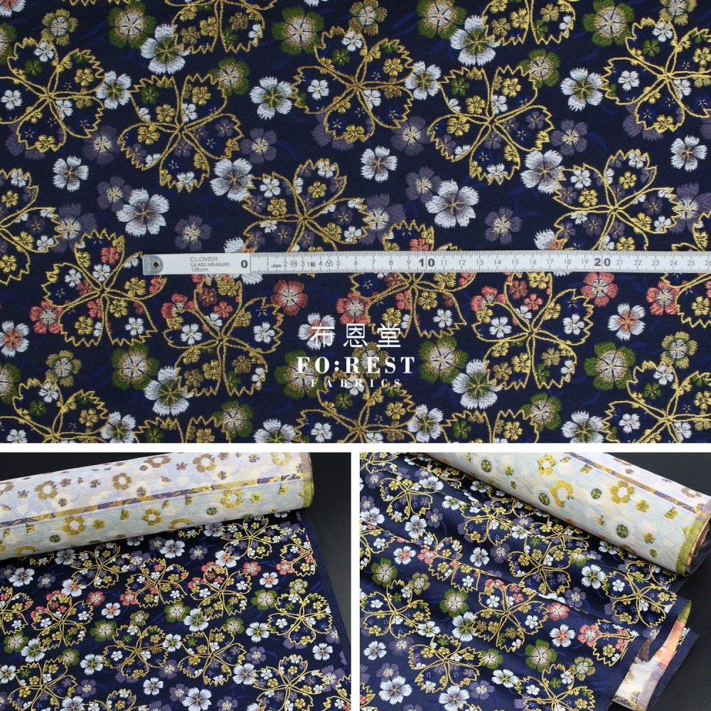 Gold Brocade - Shiny Sakura Fabric Navy Polyester