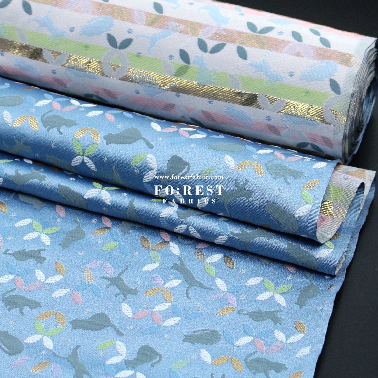 Gold Brocade - Shippo Cats fabric Blue - FO:REST Fabric 布恩堂Liberty fabrictana lawnjapanese fabricykk zipper