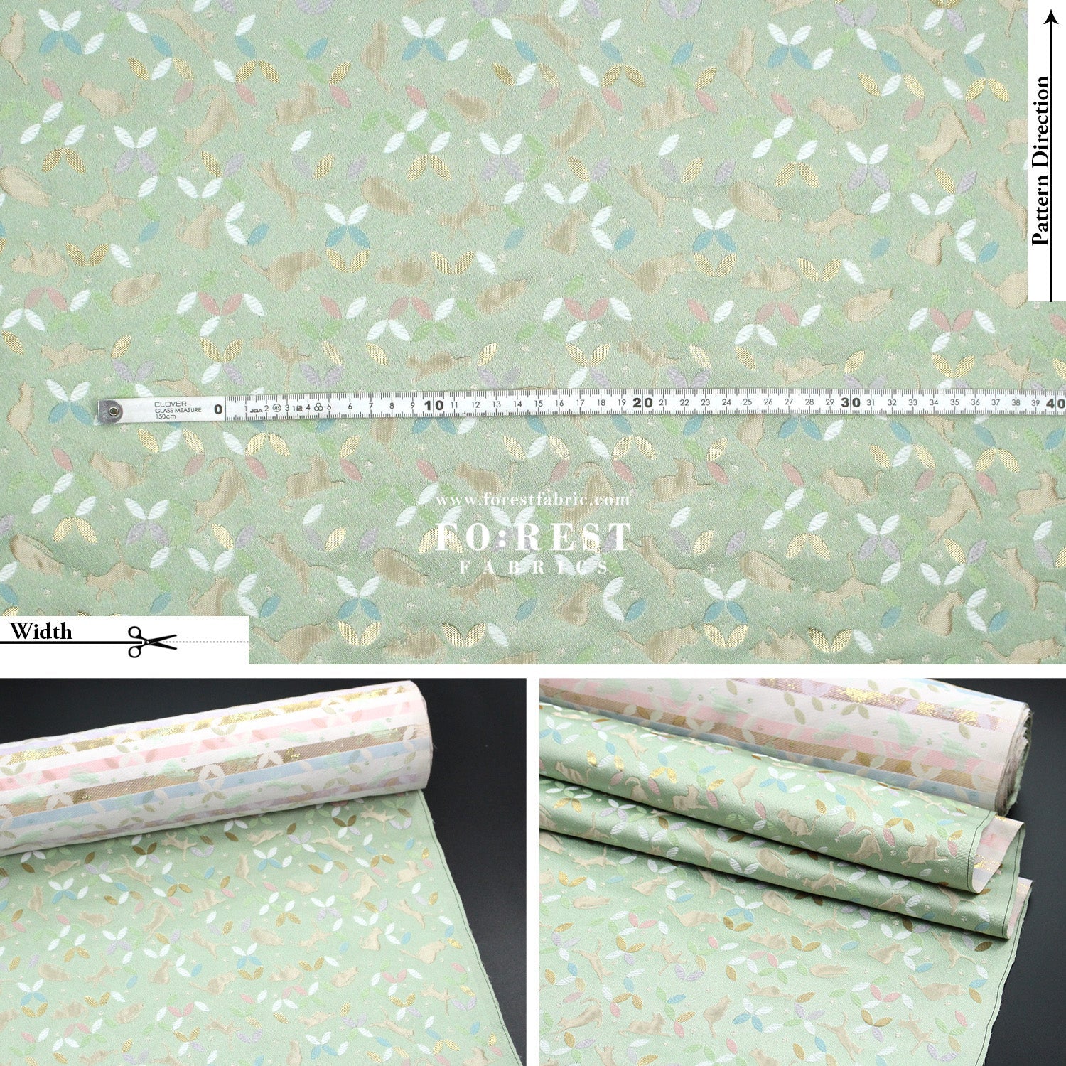 Gold Brocade - Shippo Cats fabric Light Green - FO:REST Fabric 布恩堂Liberty fabrictana lawnjapanese fabricykk zipper