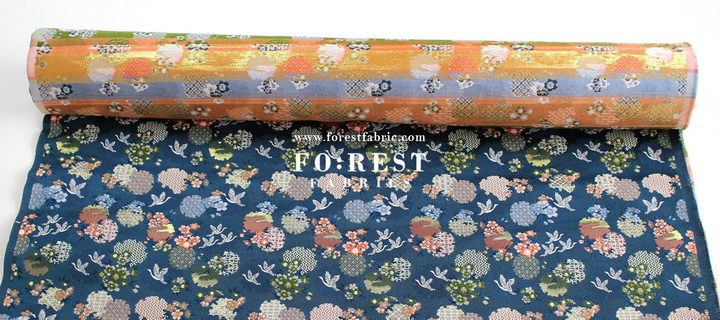 Gold Brocade - Snow Crane 雪輪鶴 fabric Navy - FO:REST Fabric 布恩堂Liberty fabrictana lawnjapanese fabricykk zipper