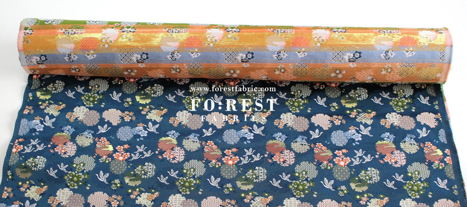 Gold Brocade - Snow Crane 雪輪鶴 fabric Navy - FO:REST Fabric 布恩堂Liberty fabrictana lawnjapanese fabricykk zipper