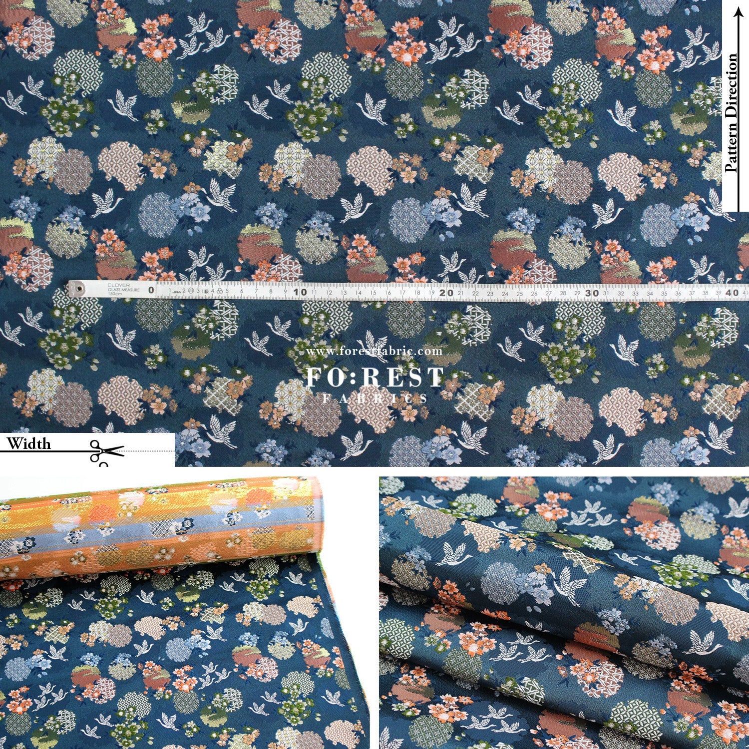 Gold Brocade - Snow Crane 雪輪鶴 fabric Navy - FO:REST Fabric 布恩堂Liberty fabrictana lawnjapanese fabricykk zipper
