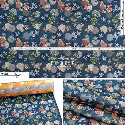 Gold Brocade - Snow Crane 雪輪鶴 fabric Navy - FO:REST Fabric 布恩堂Liberty fabrictana lawnjapanese fabricykk zipper