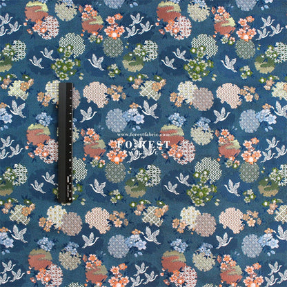 Gold Brocade - Snow Crane 雪輪鶴 fabric Navy - FO:REST Fabric 布恩堂Liberty fabrictana lawnjapanese fabricykk zipper