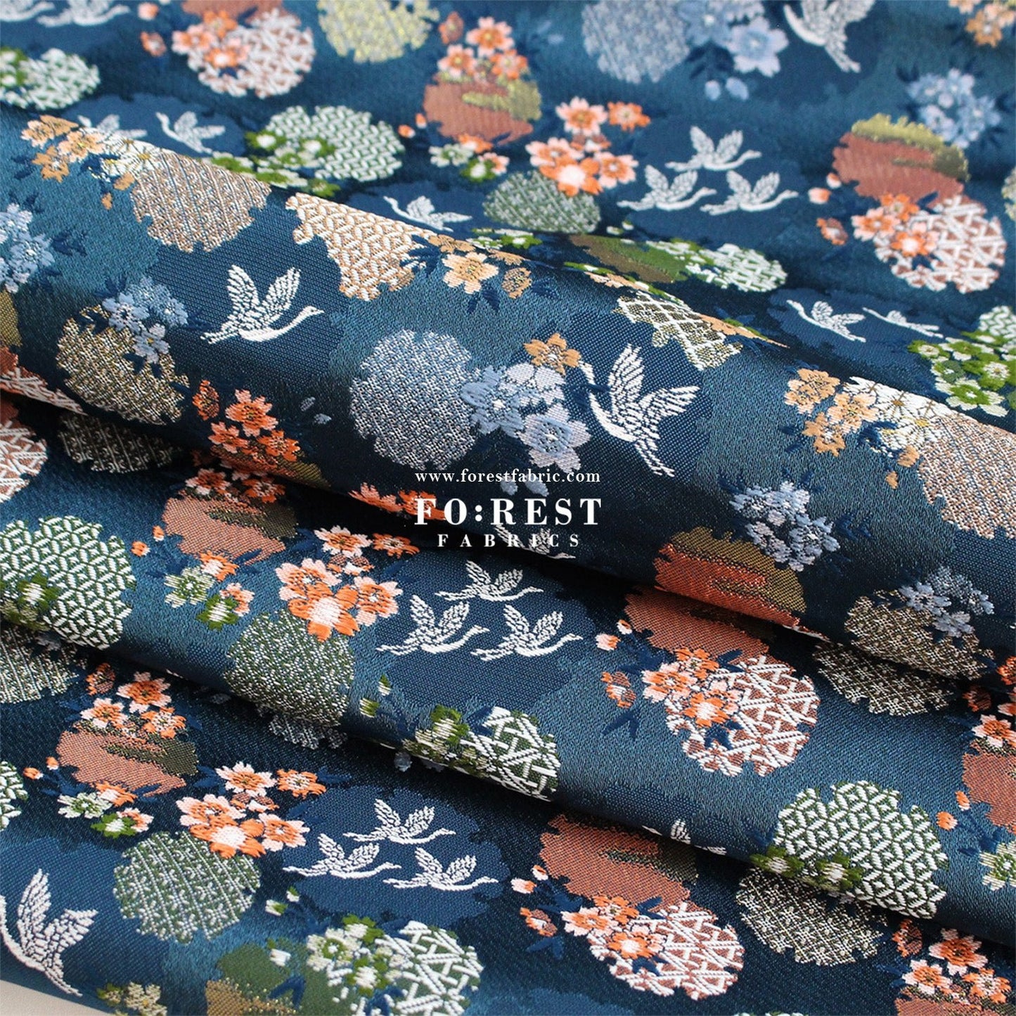 Gold Brocade - Snow Crane 雪輪鶴 fabric Navy - FO:REST Fabric 布恩堂Liberty fabrictana lawnjapanese fabricykk zipper