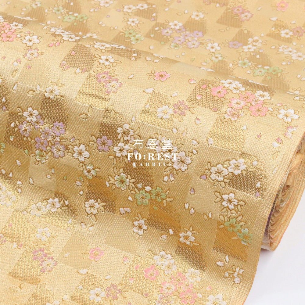 Gold Brocade - Square Sakura Flower Fabric Polyester