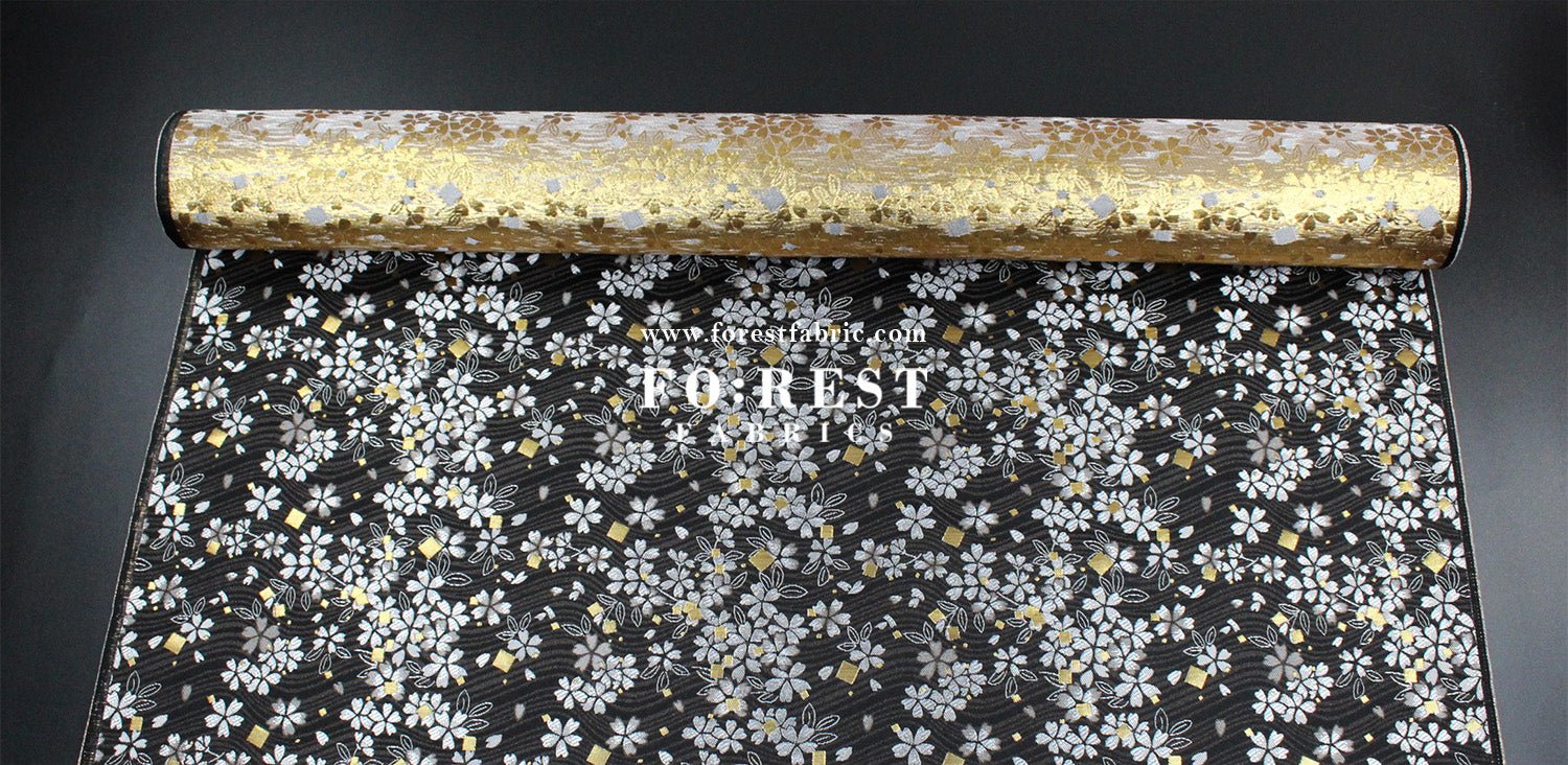 Gold Brocade - Square Sakura River fabric Black - FO:REST Fabric 布恩堂Liberty fabrictana lawnjapanese fabricykk zipper