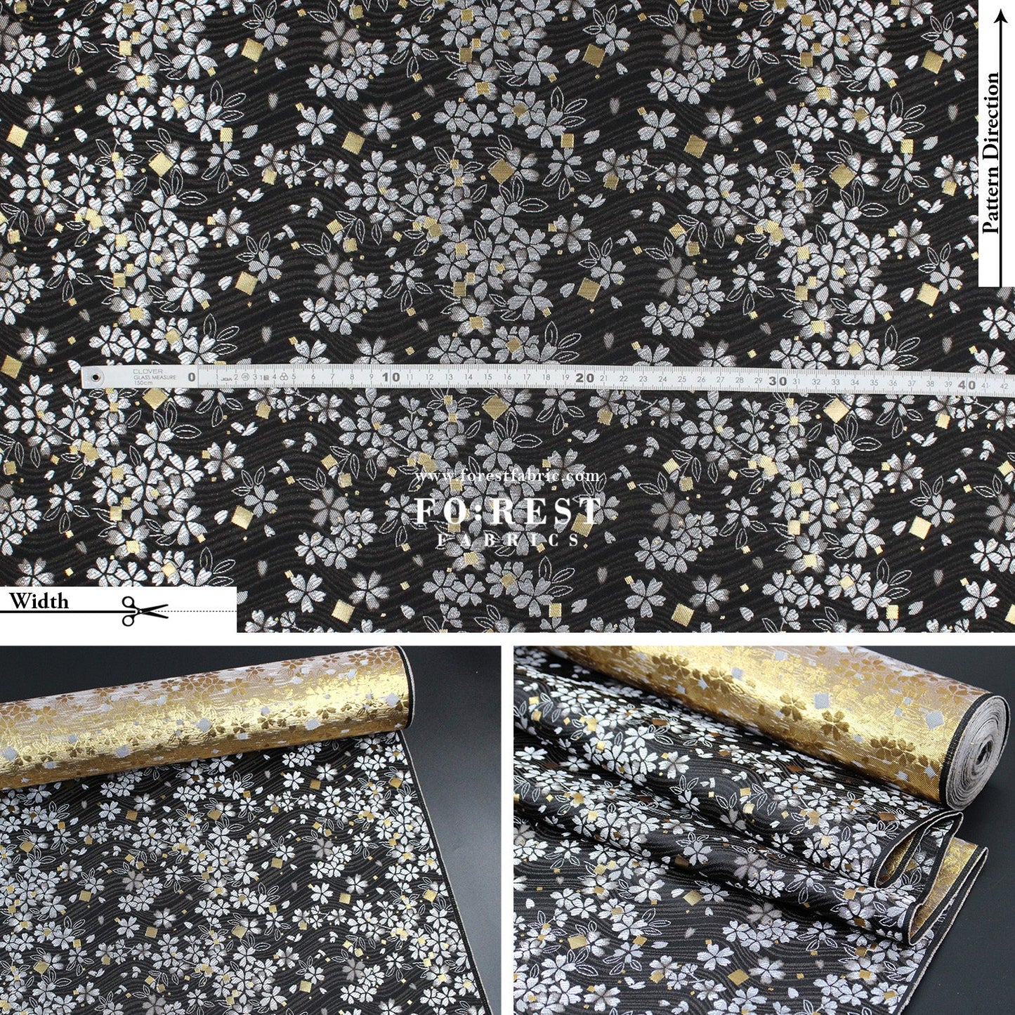 Gold Brocade - Square Sakura River fabric Black - FO:REST Fabric 布恩堂Liberty fabrictana lawnjapanese fabricykk zipper