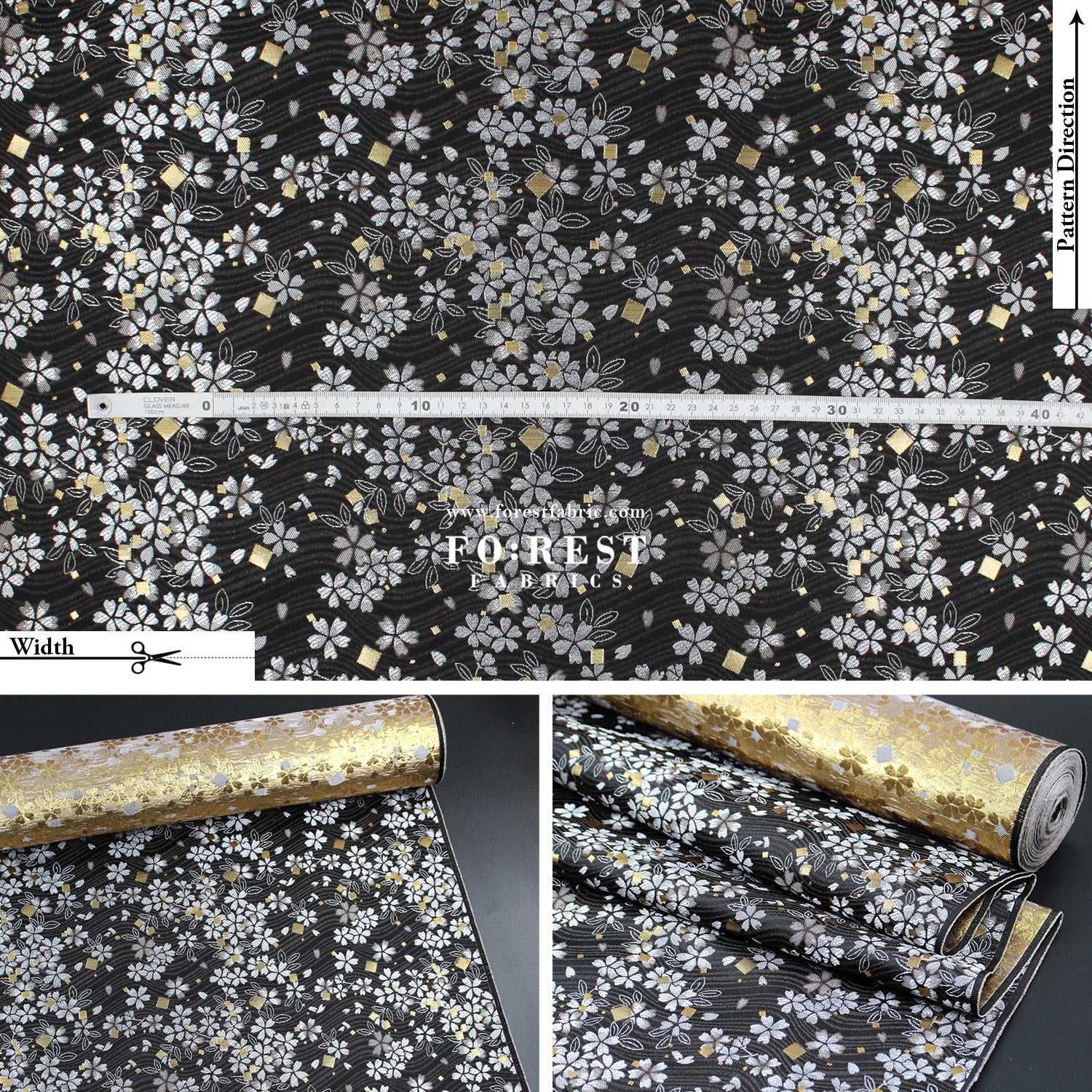 Gold Brocade - Square Sakura River fabric Black - FO:REST Fabric 布恩堂Liberty fabrictana lawnjapanese fabricykk zipper