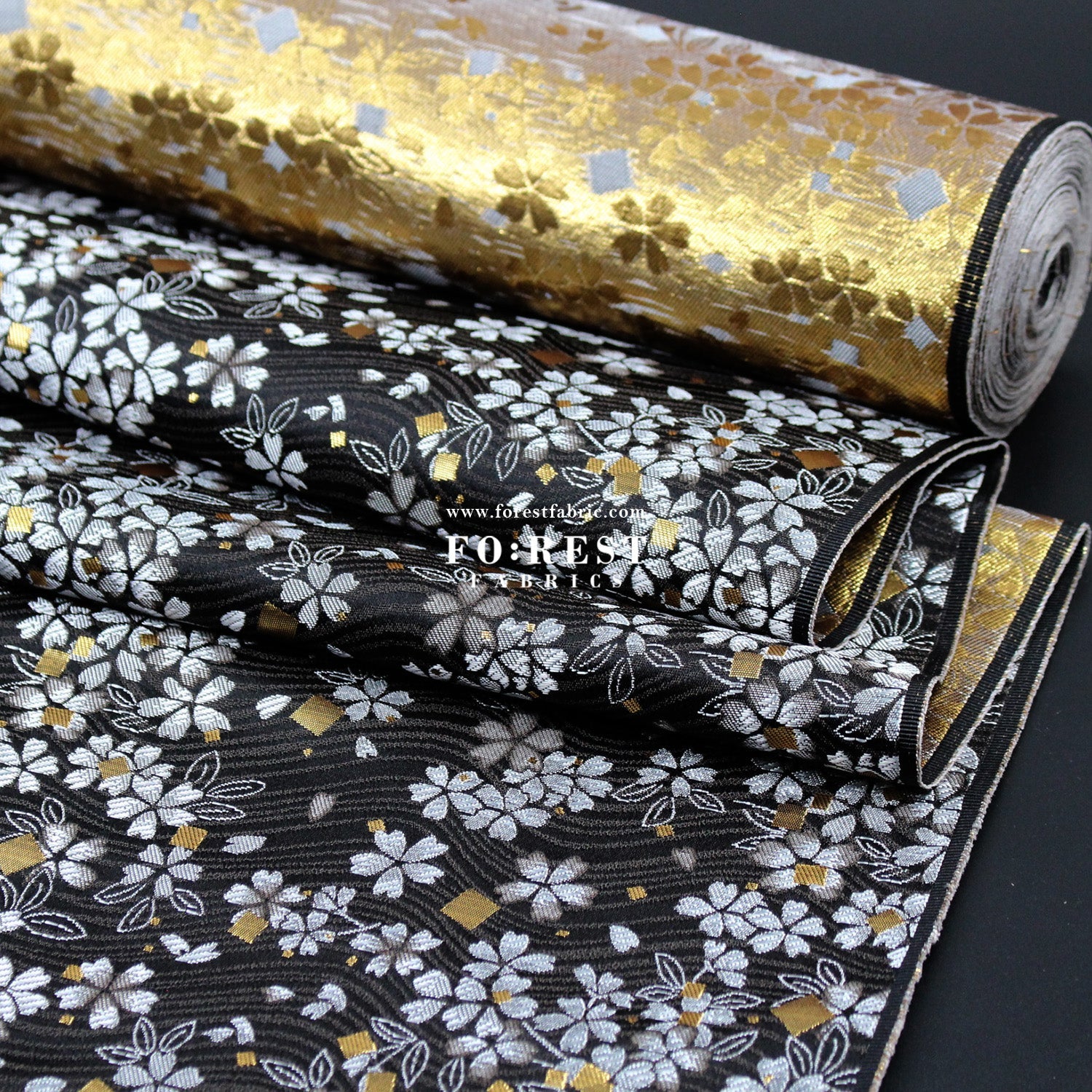Gold Brocade - Square Sakura River fabric Black - FO:REST Fabric 布恩堂Liberty fabrictana lawnjapanese fabricykk zipper
