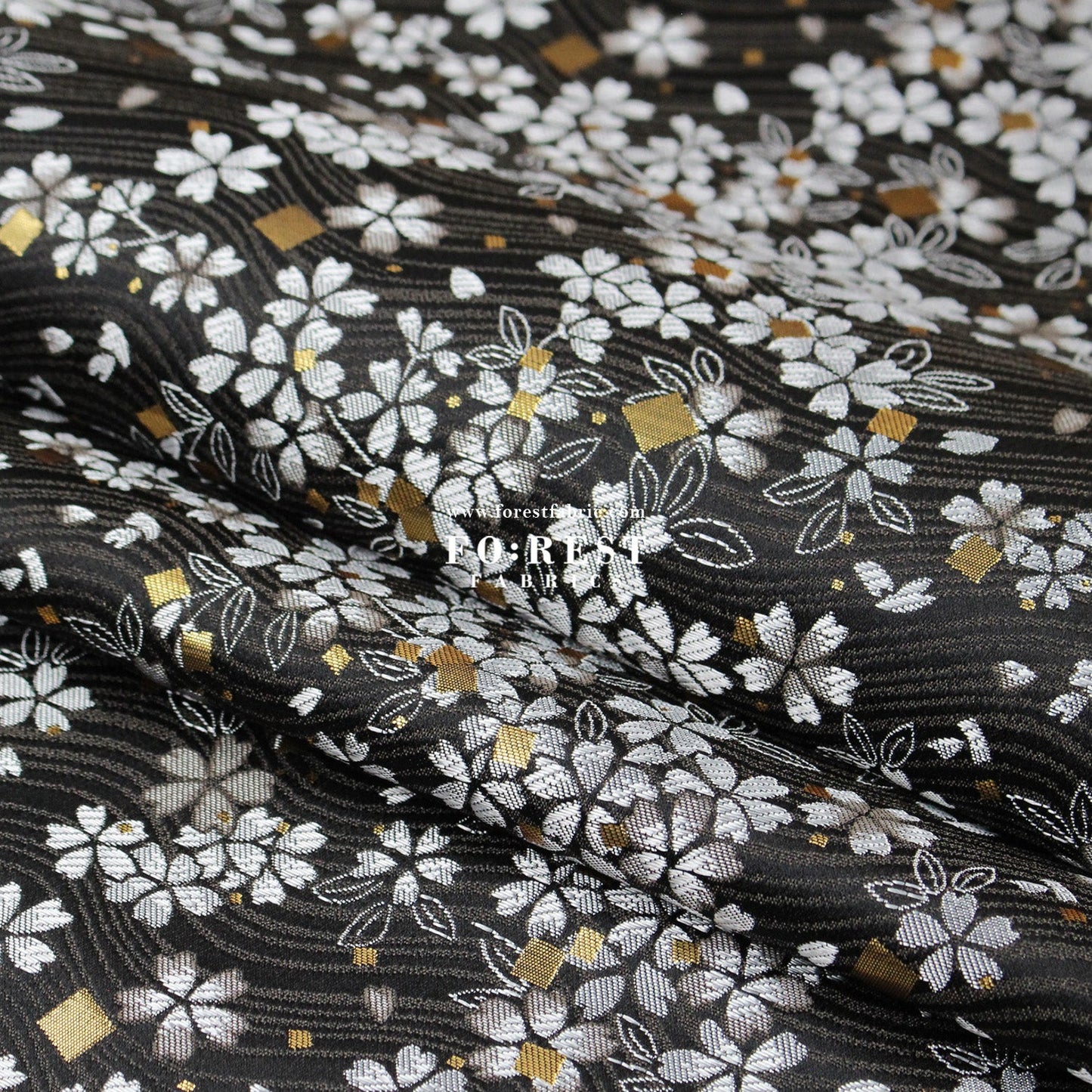 Gold Brocade - Square Sakura River fabric Black - FO:REST Fabric 布恩堂Liberty fabrictana lawnjapanese fabricykk zipper