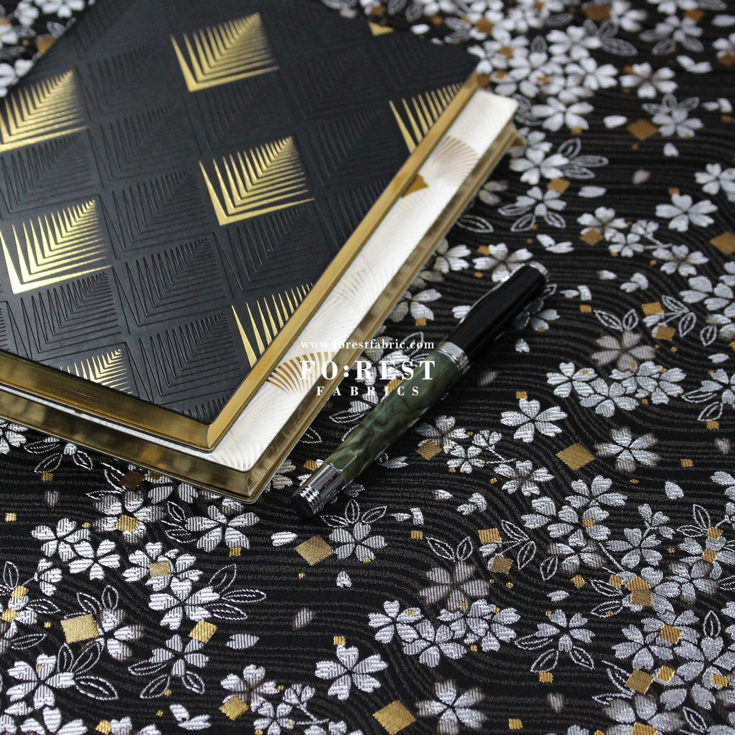 Gold Brocade - Square Sakura River fabric Black - FO:REST Fabric 布恩堂Liberty fabrictana lawnjapanese fabricykk zipper