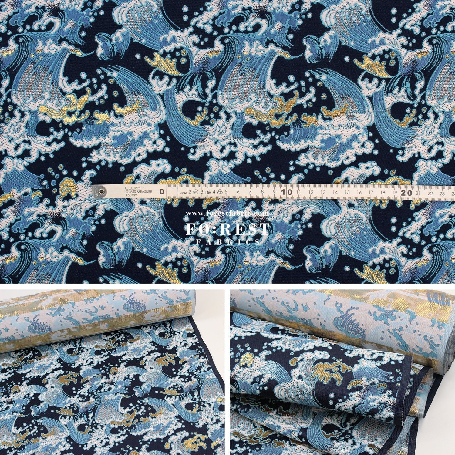 Gold Brocade - The Great Wave沖浪裏 fabric Navy - FO:REST Fabric 布恩堂Liberty fabrictana lawnjapanese fabricykk zipper