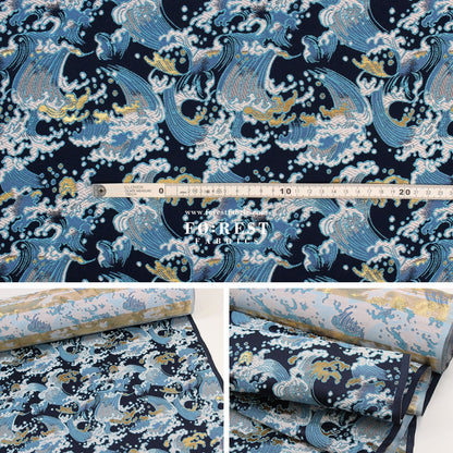 Gold Brocade - The Great Wave沖浪裏 fabric Navy - FO:REST Fabric 布恩堂Liberty fabrictana lawnjapanese fabricykk zipper