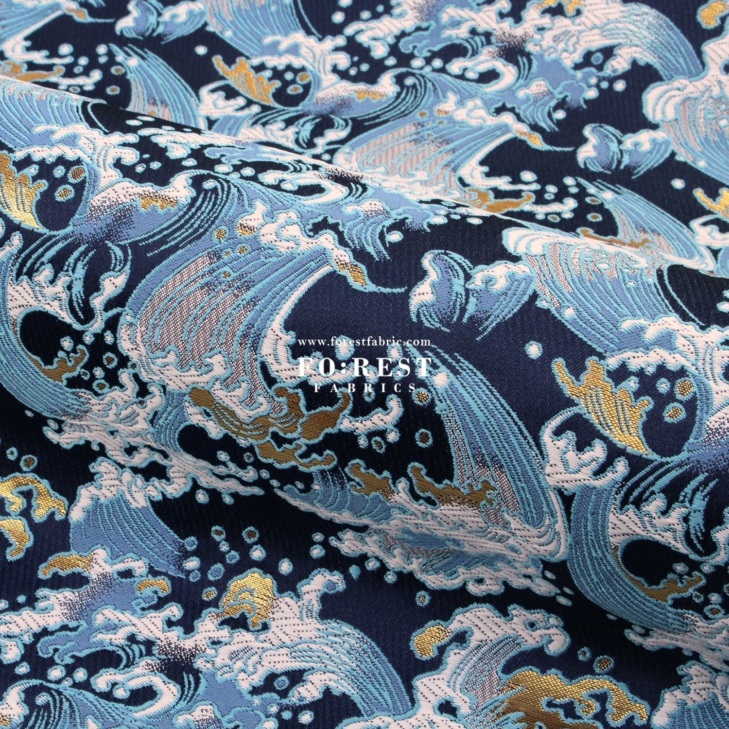 Gold Brocade - The Great Wave沖浪裏 fabric Navy - FO:REST Fabric 布恩堂Liberty fabrictana lawnjapanese fabricykk zipper