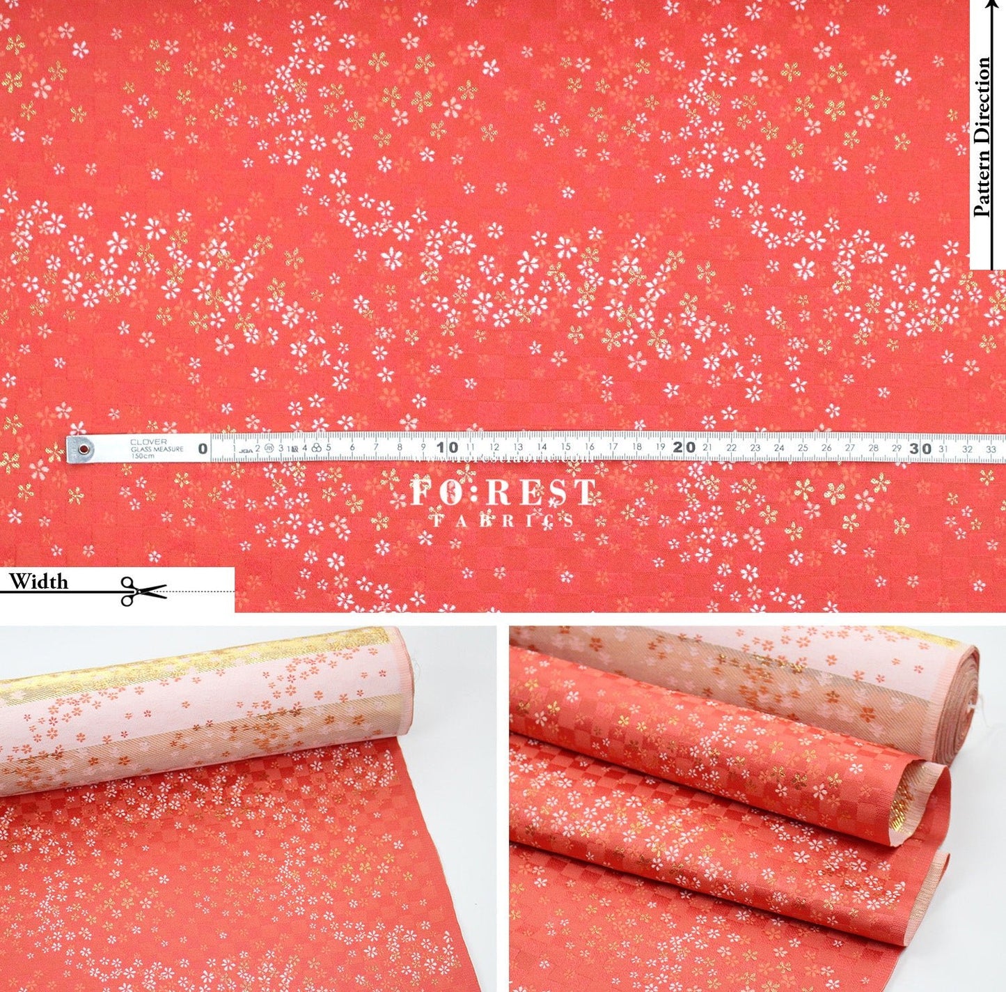 Gold Brocade - Tiny Flower grid fabric Orange Red - FO:REST Fabric 布恩堂Liberty fabrictana lawnjapanese fabricykk zipper