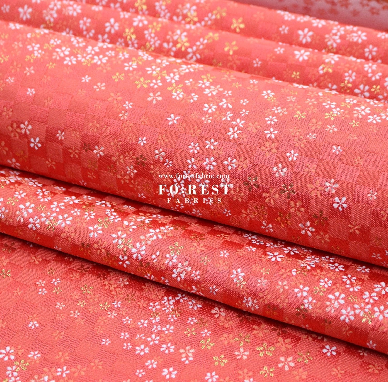 Gold Brocade - Tiny Flower grid fabric Orange Red - FO:REST Fabric 布恩堂Liberty fabrictana lawnjapanese fabricykk zipper