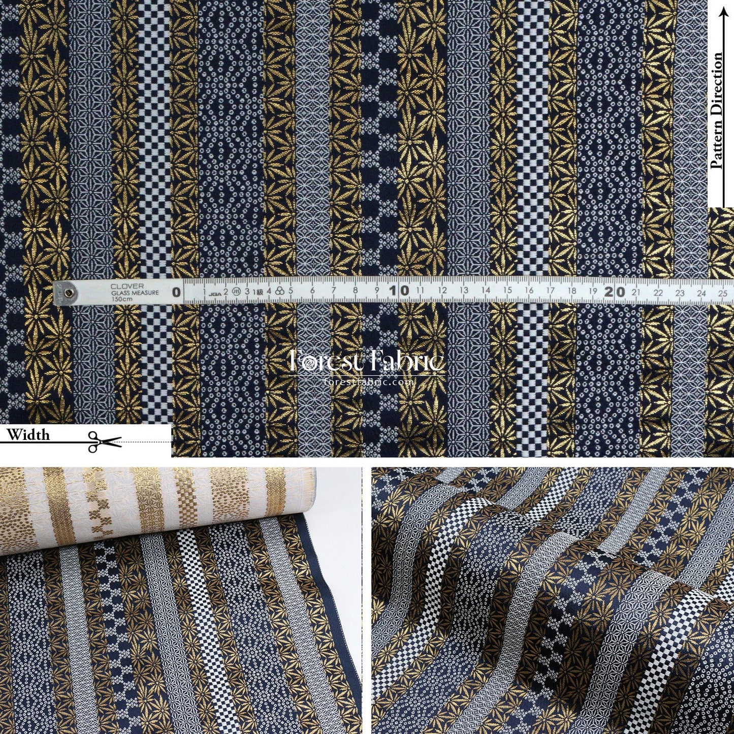 Gold Brocade - Tradition Strip fabric Navy Gold - FO:REST Fabric 布恩堂Liberty fabrictana lawnjapanese fabricykk zipper