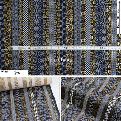Gold Brocade - Tradition Strip fabric Navy Gold - FO:REST Fabric 布恩堂Liberty fabrictana lawnjapanese fabricykk zipper