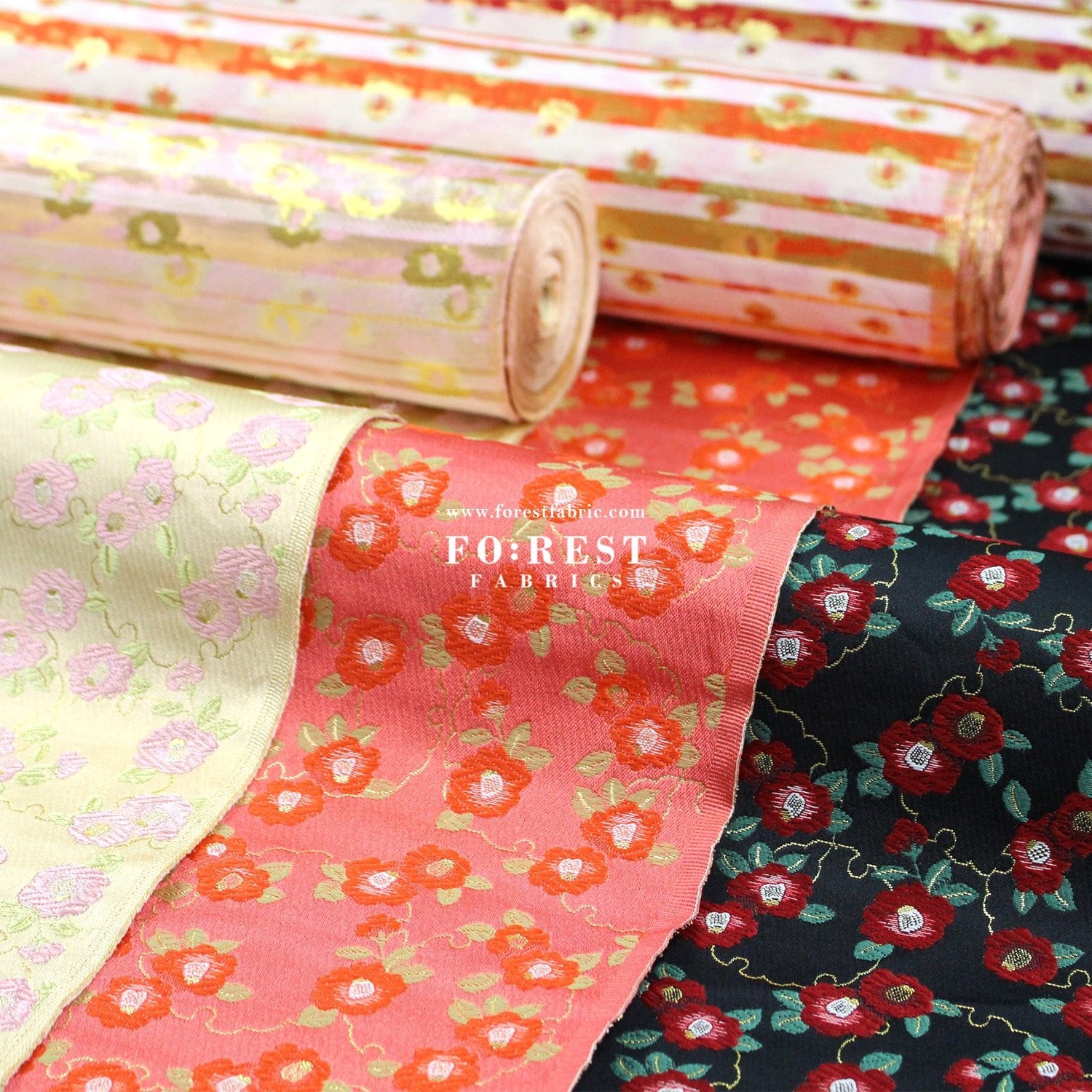 Gold Brocade - Tsubaki Flower fabric - FO:REST Fabric 布恩堂Liberty fabrictana lawnjapanese fabricykk zipper