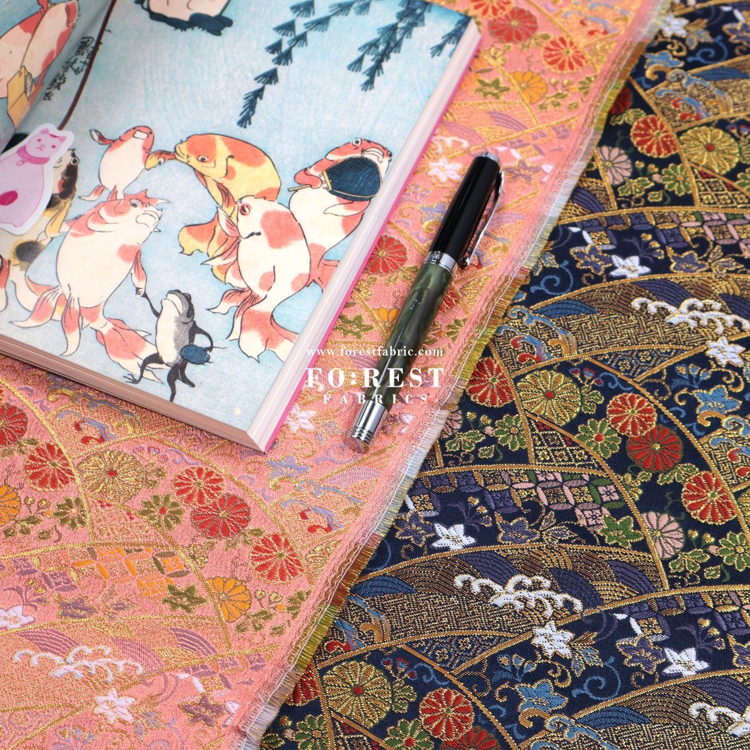 Gold Brocade - Wave flower fabric Blue - FO:REST Fabric 布恩堂Liberty fabrictana lawnjapanese fabricykk zipper