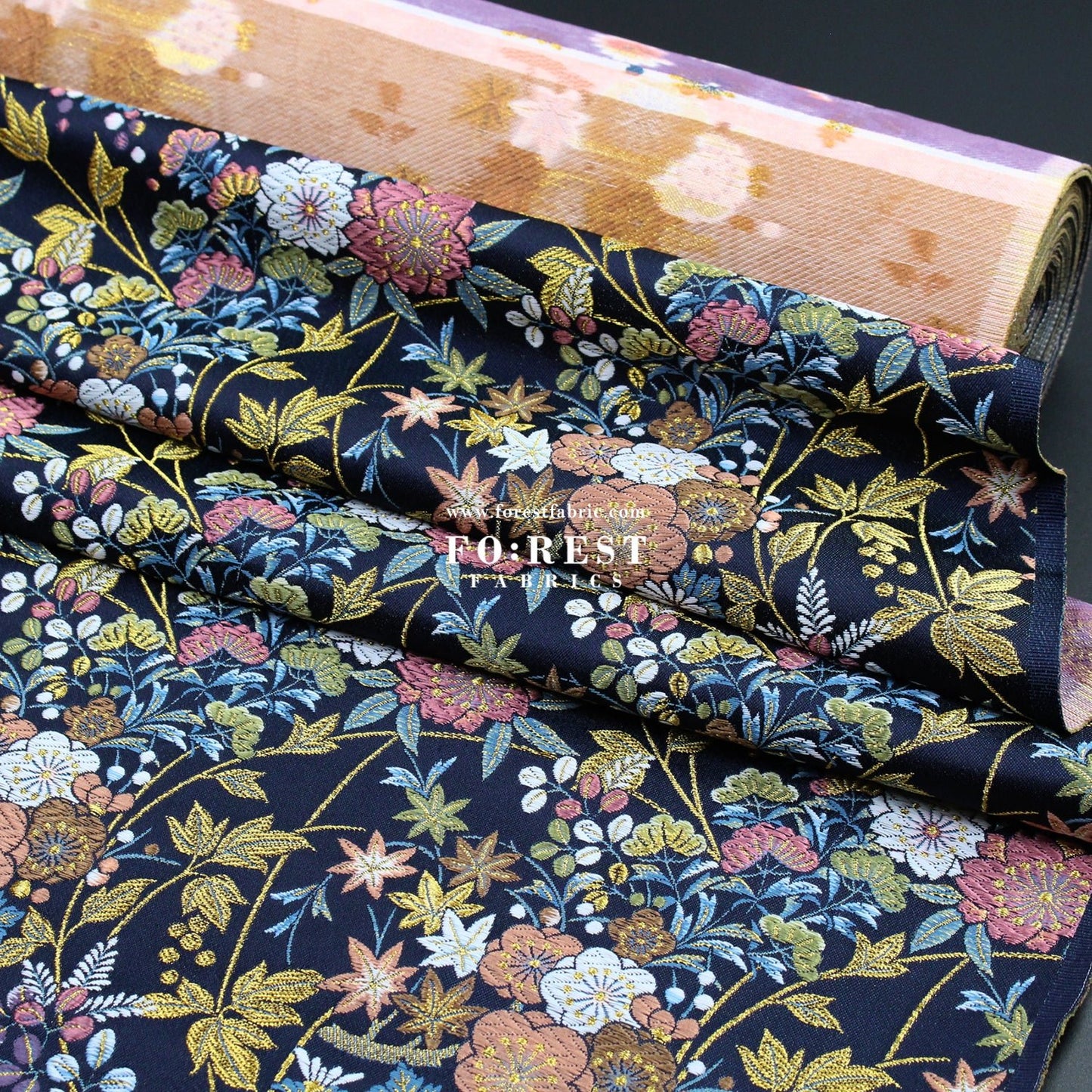 Gold Brocade - Wild Flower fabric Navy - FO:REST Fabric 布恩堂Liberty fabrictana lawnjapanese fabricykk zipper