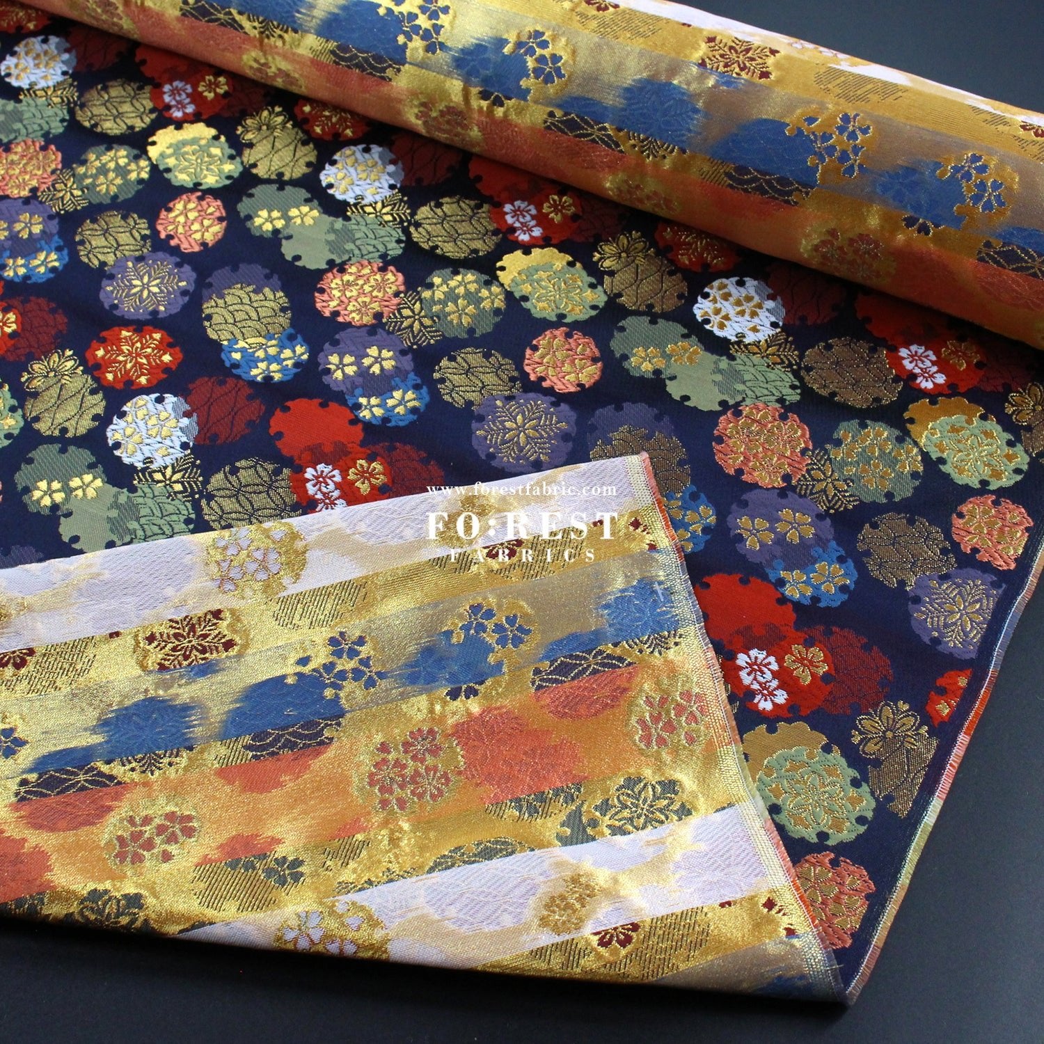 Gold Brocade - Yukiwa Snow 雪輪 fabric NAVY - FO:REST Fabric 布恩堂Liberty fabrictana lawnjapanese fabricykk zipper