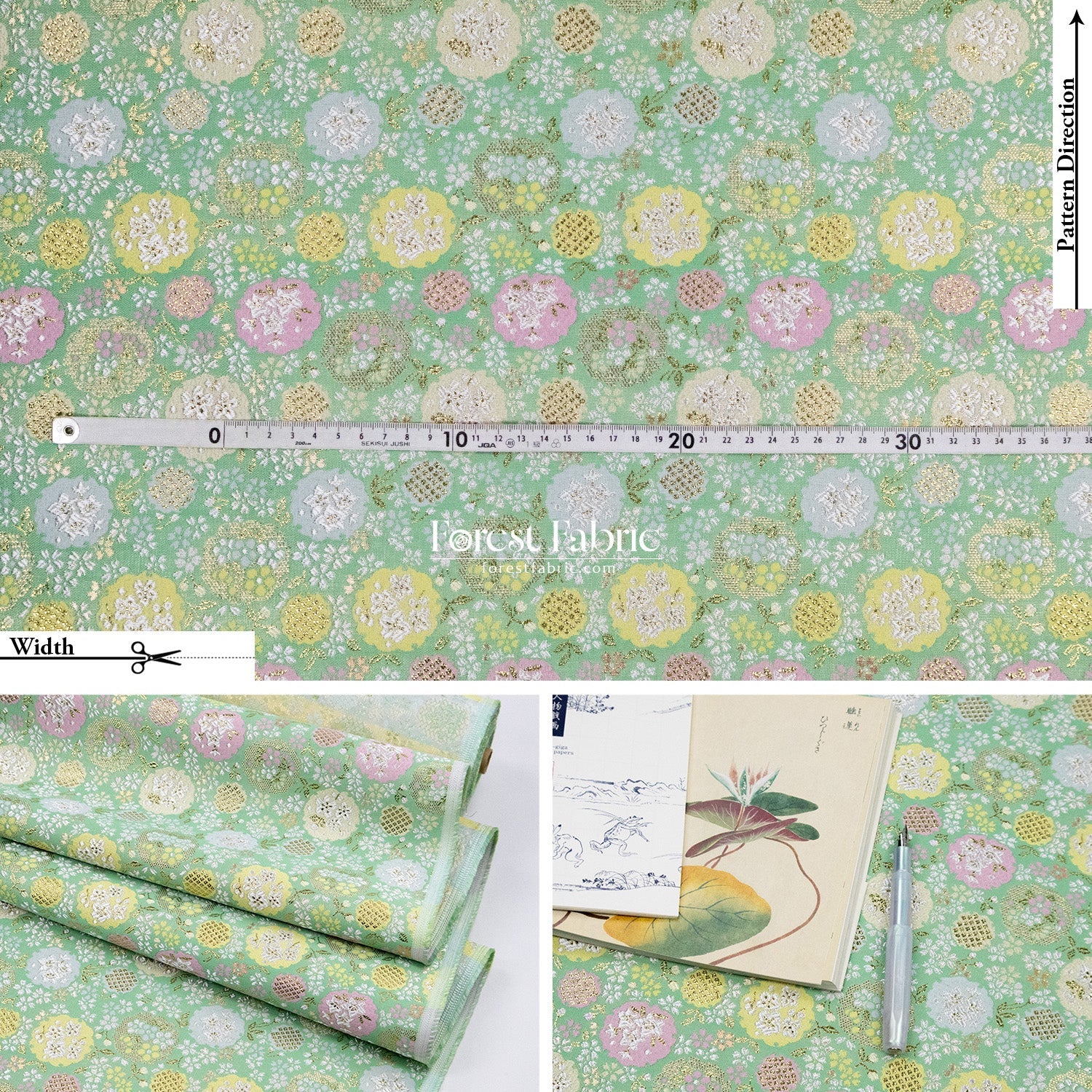 Gold Brocade - Yukiwa Snow lotus fabric Green - FO:REST Fabric 布恩堂Liberty fabrictana lawnjapanese fabricykk zipper