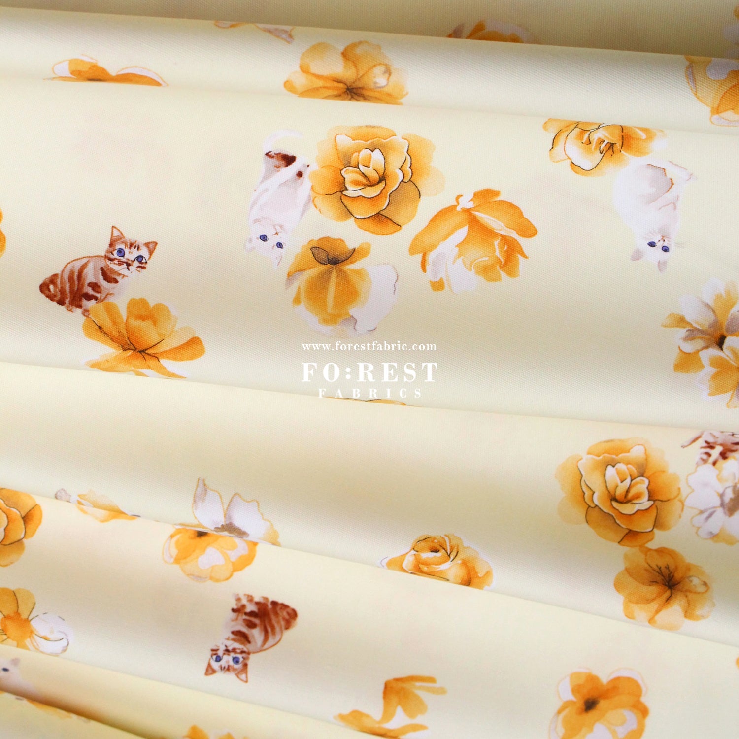 oxford - Rose Cats fabric Light Yellow - FO:REST Fabric 布恩堂Liberty fabrictana lawnjapanese fabricykk zipper