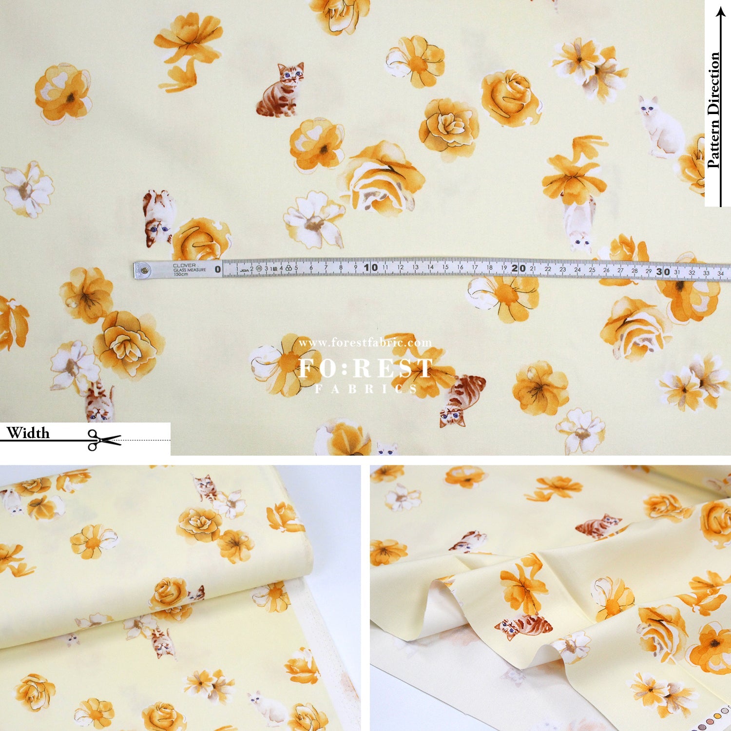 oxford - Rose Cats fabric Light Yellow - FO:REST Fabric 布恩堂Liberty fabrictana lawnjapanese fabricykk zipper