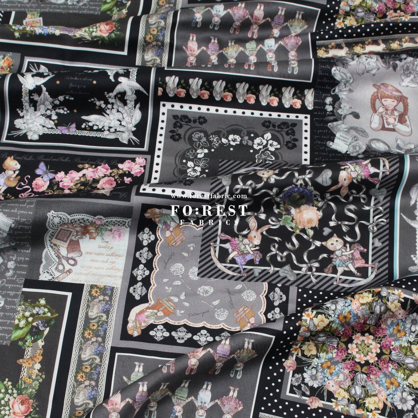 Satin Super Cotton - JoliFleur Itoi patchwork fabric Black - FO:REST Fabric 布恩堂Liberty fabrictana lawnjapanese fabricykk zipper