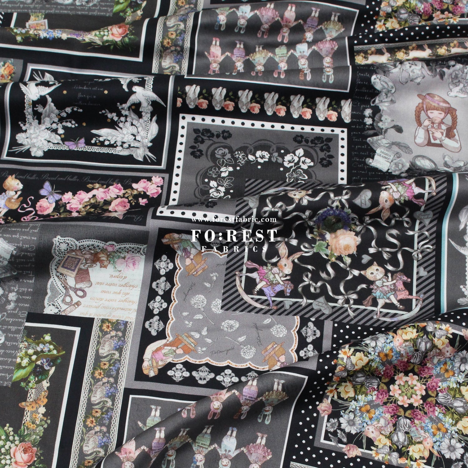 Satin Super Cotton - JoliFleur Itoi patchwork fabric Black - FO:REST Fabric 布恩堂Liberty fabrictana lawnjapanese fabricykk zipper
