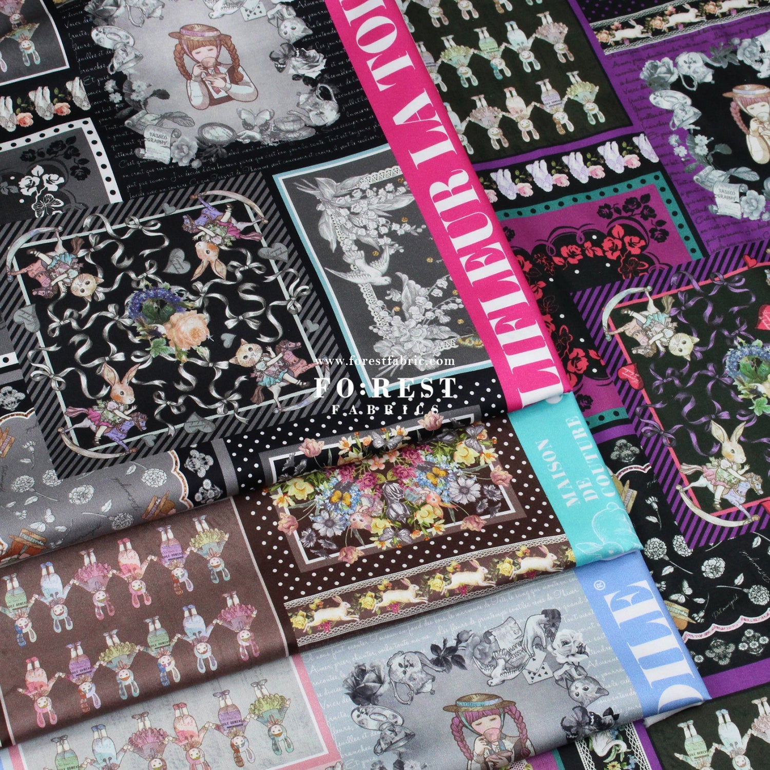 Satin Super Cotton - JoliFleur Itoi patchwork fabric BlackPurple - FO:REST Fabric 布恩堂Liberty fabrictana lawnjapanese fabricykk zipper