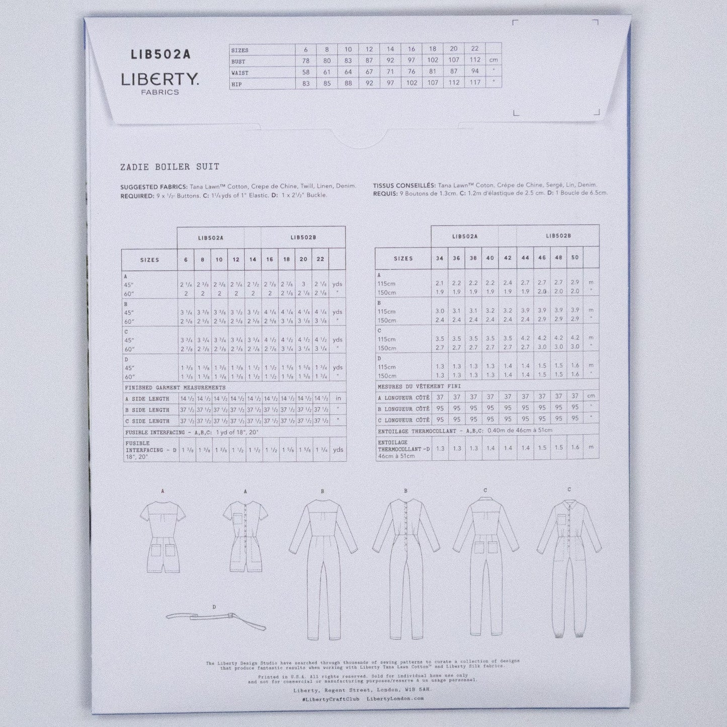 Zadie Boiler Suit Ladies Set - Liberty Paper pattern - FO:REST Fabric 布恩堂Liberty fabrictana lawnjapanese fabricykk zipper