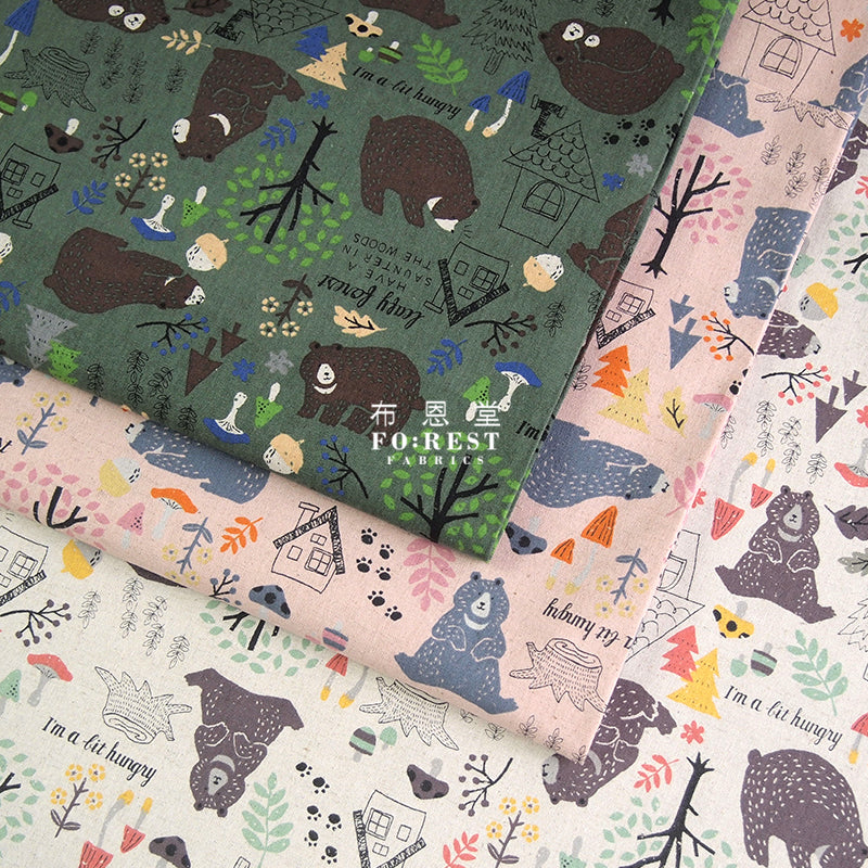 cotton linen - forest mushroom bear fabric - forest-fabric