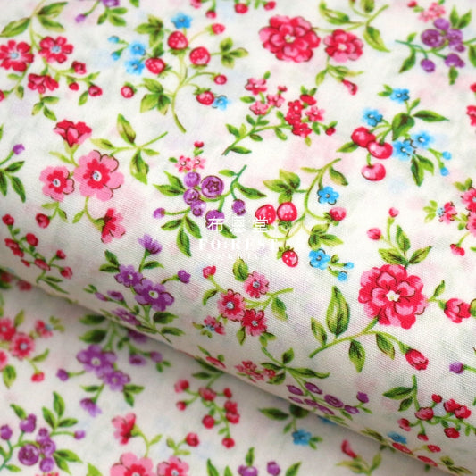 (1Meter) Cotton - Strawberry Flower Fabric Cream Cotton