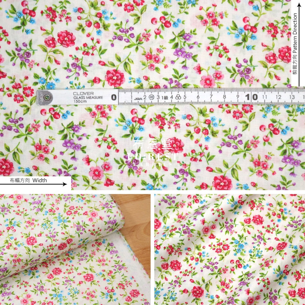 (1Meter) Cotton - Strawberry Flower Fabric Cream Cotton
